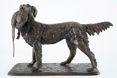 Pierre-Jules M&ecirc;ne (1810-1879), A hunting dog with a partridge, bronze group