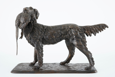 Pierre-Jules M&ecirc;ne (1810-1879), A hunting dog with a partridge, bronze group