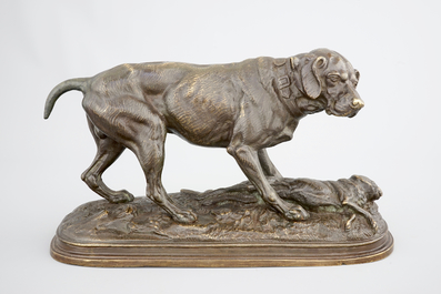 Groupe en bronze d'un chien de chasse et un li&egrave;vre comme proie, 20&egrave;me