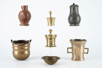 A set of mortars, a holy water bucket, a bleeding bowl and two jugs, 15/19th C.