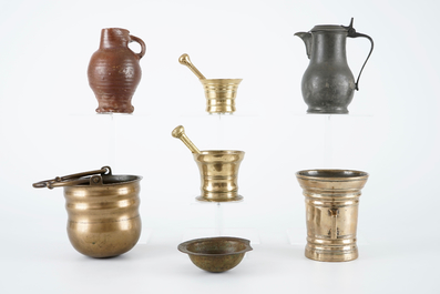 A set of mortars, a holy water bucket, a bleeding bowl and two jugs, 15/19th C.