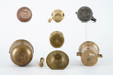 A set of mortars, a holy water bucket, a bleeding bowl and two jugs, 15/19th C.