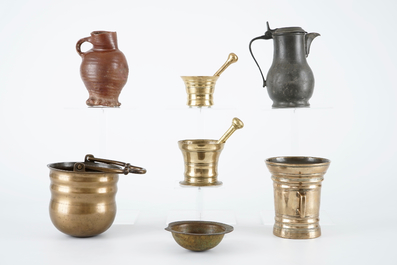 A set of mortars, a holy water bucket, a bleeding bowl and two jugs, 15/19th C.