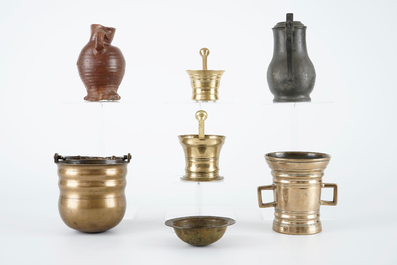 A set of mortars, a holy water bucket, a bleeding bowl and two jugs, 15/19th C.