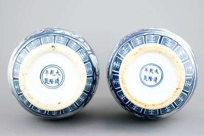 A pair of large blue and white Chinese vases, 19th C.