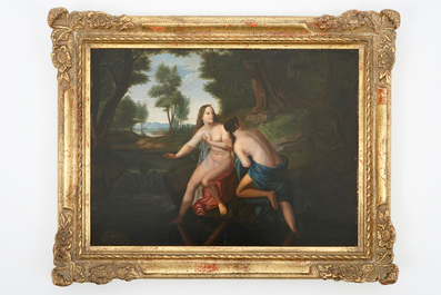 A romantic scene of two bathing nymphs, oil on copper, 19th C.
