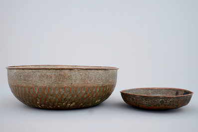Two inscribed Qajar tinned copper bowls, Iran, 18/19th C.