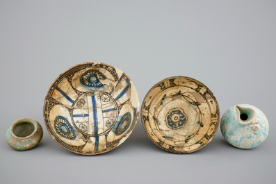 Two Syrian Raqqa pottery vessels and two Mamluk bowls, 13/14th C.