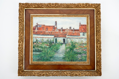 Gaston Oorlynck (1909-1989), a view on a beguinage, oil on canvas in a gilt double frame