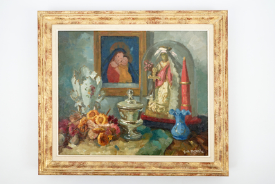 Guillaume Michiels (1909-1997), three still lifes with religious figures, oil on canvas
