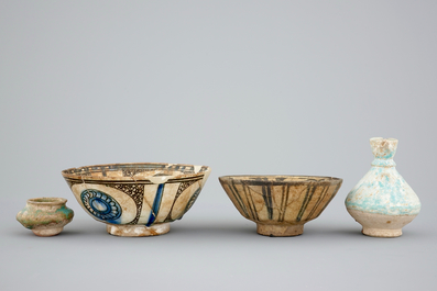 Two Syrian Raqqa pottery vessels and two Mamluk bowls, 13/14th C.