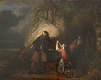 A coastal scene with soldiers, oil on panel, illegibly signed &amp; dated 1850