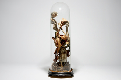 Birds on a branch, presented under glass dome, taxidermy, early 20th C.