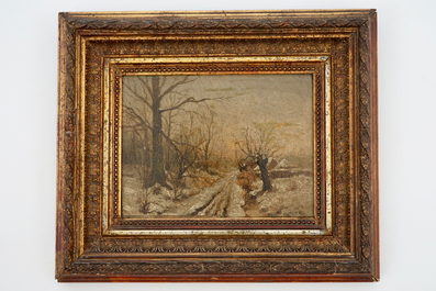 L. Laureys, un paysage d'hiver dans la neige, huile sur panneau, dat&eacute; 1897