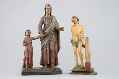 Twee houten beeldjes, &quot;Christus bij de zuil&quot; en &quot;H. Jozef en Christus&quot;, volkskunst, 18/19e eeuw