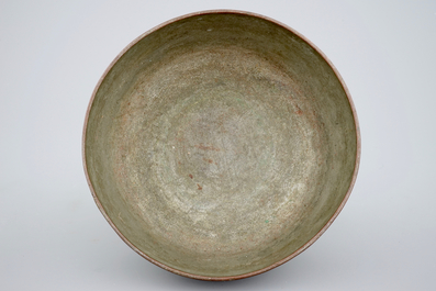 A Qajar tinned copper bowl on foot, Iran, 19th C.