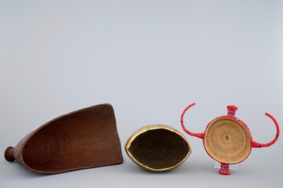 Two African hats and a Sudanese helmet, mid 20th C.