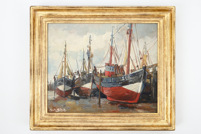 Guillaume Michiels (1909-1997), Bateaux au port de p&ecirc;che de Zeebrugge, huile sur toile