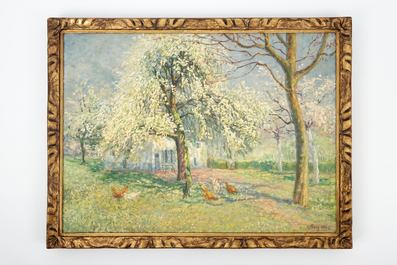 Adolf Baeyens (1886-1969), une vue pointilliste aux poules en &eacute;t&eacute;, huile sur toile