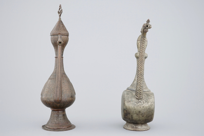 Two Islamic aftaba in inscribed copper and tin, 19th C.