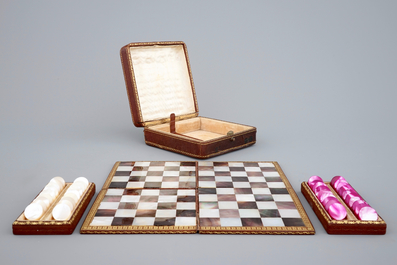 A leather traveller's checkers game set with mother of pearl game pieces, 19th C.