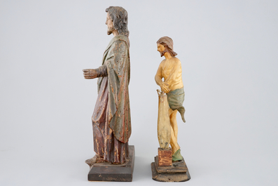 Twee houten beeldjes, &quot;Christus bij de zuil&quot; en &quot;H. Jozef en Christus&quot;, volkskunst, 18/19e eeuw