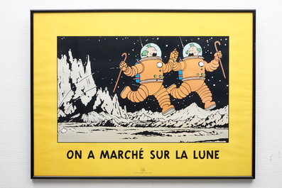 A large framed Tintin poster: &quot;On a march&eacute; sur la lune&quot;, by Herg&eacute; / Moulinsart