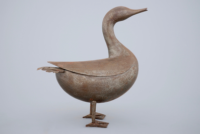 A Qajar damascened steel figure of a duck, Iran, 18/19th C.