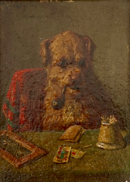 Un chien fumant la pipe avec des cartes &agrave; jouer, huile sur panneau, 19/20&egrave;me
