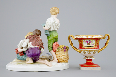 BulA Capodimonte porcelain group of playing boys and a Brussels porcelain bowl, 19/20th C.