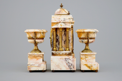 A 3-piece marble and bronze garniture, 19/20th C.