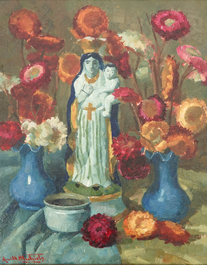 Guillaume Michiels (1909-1997), trois natures mortes aux figures des saintes, huile sur toile