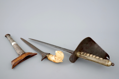 An Indonesian silver and ivory kris and a hilted dagger, 17/19th C.