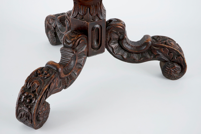 A wooden tea cabinet and a carved wood vase stand, 19/20th C.