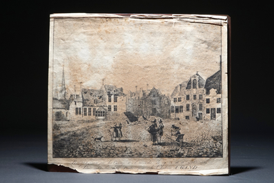 A brass etching plate, A view on Ghent after the large fire of 1789, 19th C.