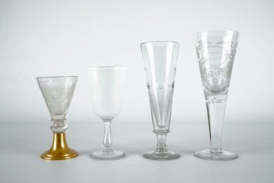A lot of 4 large glasses incl. engraved, 18/19th C.