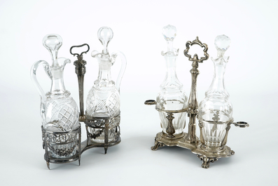 Twee zilveren olie- en azijnstellen met kristallen karafjes, Gent, 1787 en Wenen, 19e eeuw