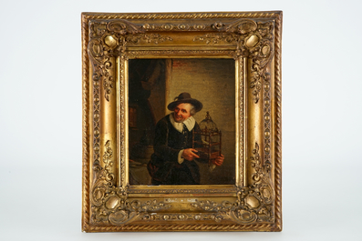 Jean-Henri De Coene (1798-1866), &quot;The fowler&quot;, oil on panel in a gilt period frame, 19th C.