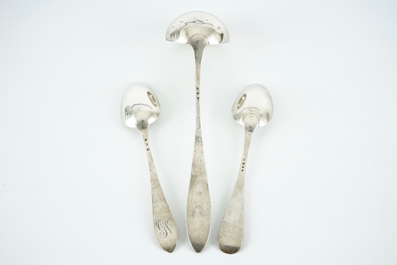 Two silver spoons and a silver ladle, 19th C.