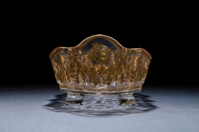 A Spanish silver candle stick and a partial gilt glass bowl, 18/19th C.