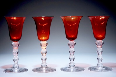 A set of 4 airtwist glasses with orange cup, 19th C.
