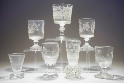 Un lot de 7 verres grav&eacute;s aux sujets ma&ccedil;onniques, franc-ma&ccedil;onnerie, 19/20&egrave;me si&egrave;cle