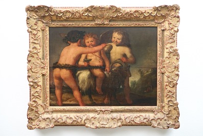 Circle of Salomon de Bray (1597-1664), three putti with a goat, oil on board