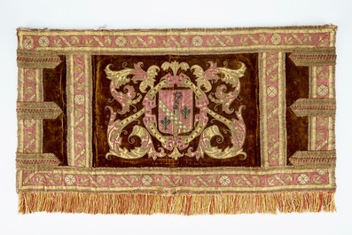 An armorial embroidery with gilt brocade and velvet, The Netherlands, 16/17th C.