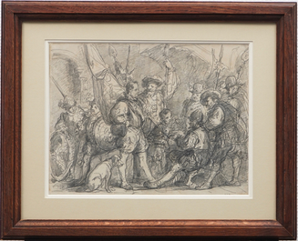Hendrik Frans Schaefels (1827-1904), A gathering of officers, pencil drawing on paper
