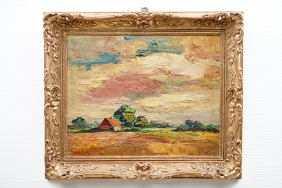 Jan Van Lier (1921), een landschap met boerderij, olie op doek