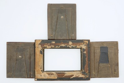 A set of three parcel-gilt leather frames and a tortoise veneer frame, 19th C.