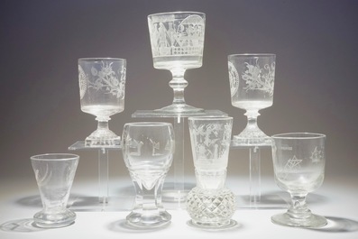 Un lot de 7 verres grav&eacute;s aux sujets ma&ccedil;onniques, franc-ma&ccedil;onnerie, 19/20&egrave;me si&egrave;cle