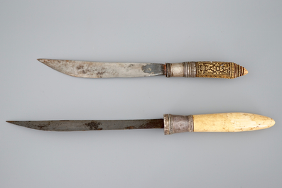 Two Burmese ivory and silver Dha knives, 19/20th C.