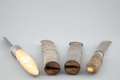 Two Burmese ivory and silver Dha knives, 19/20th C.